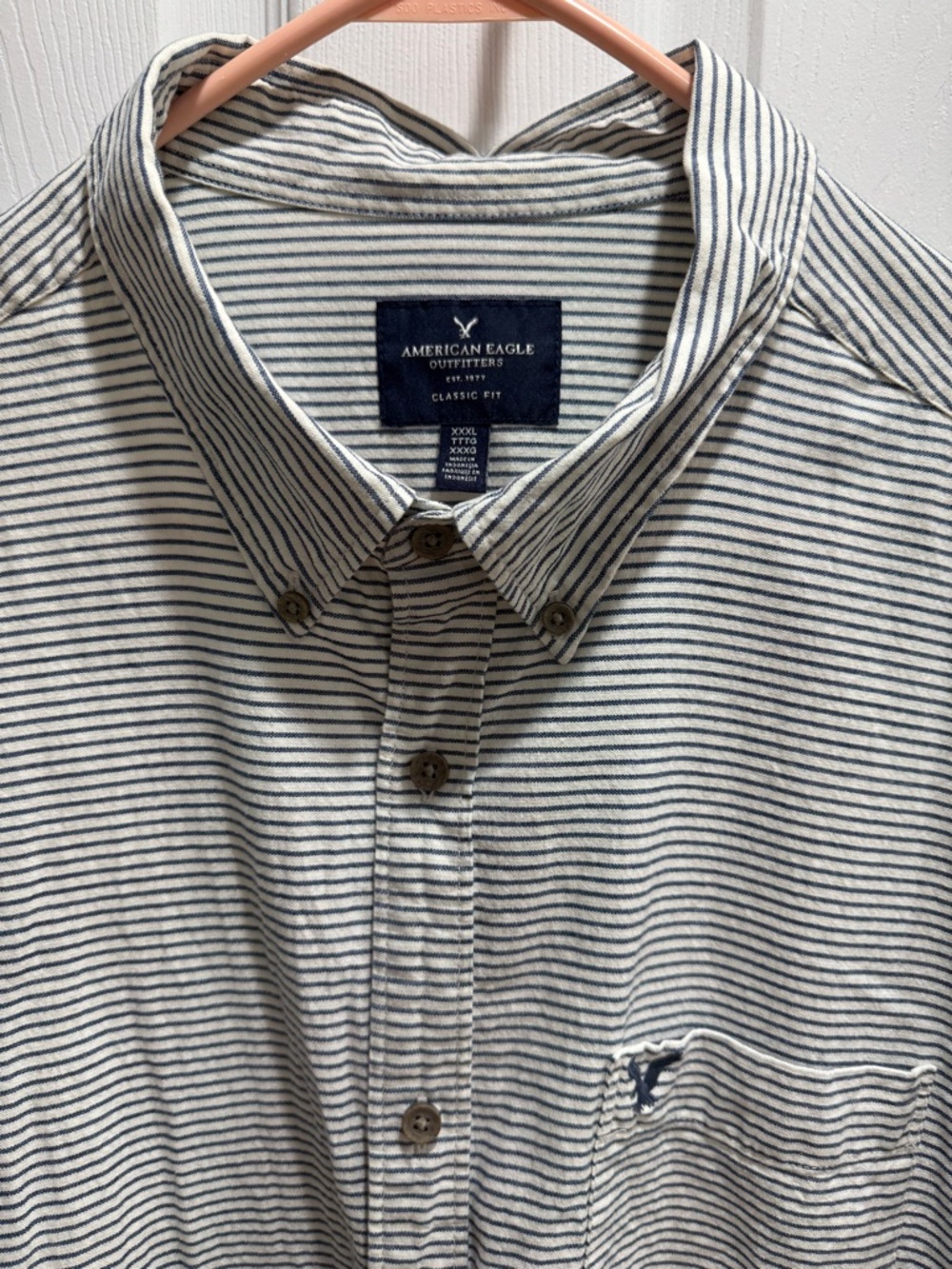 American Eagle Outfitters White Button-Down Shirt with Navy Stripes
